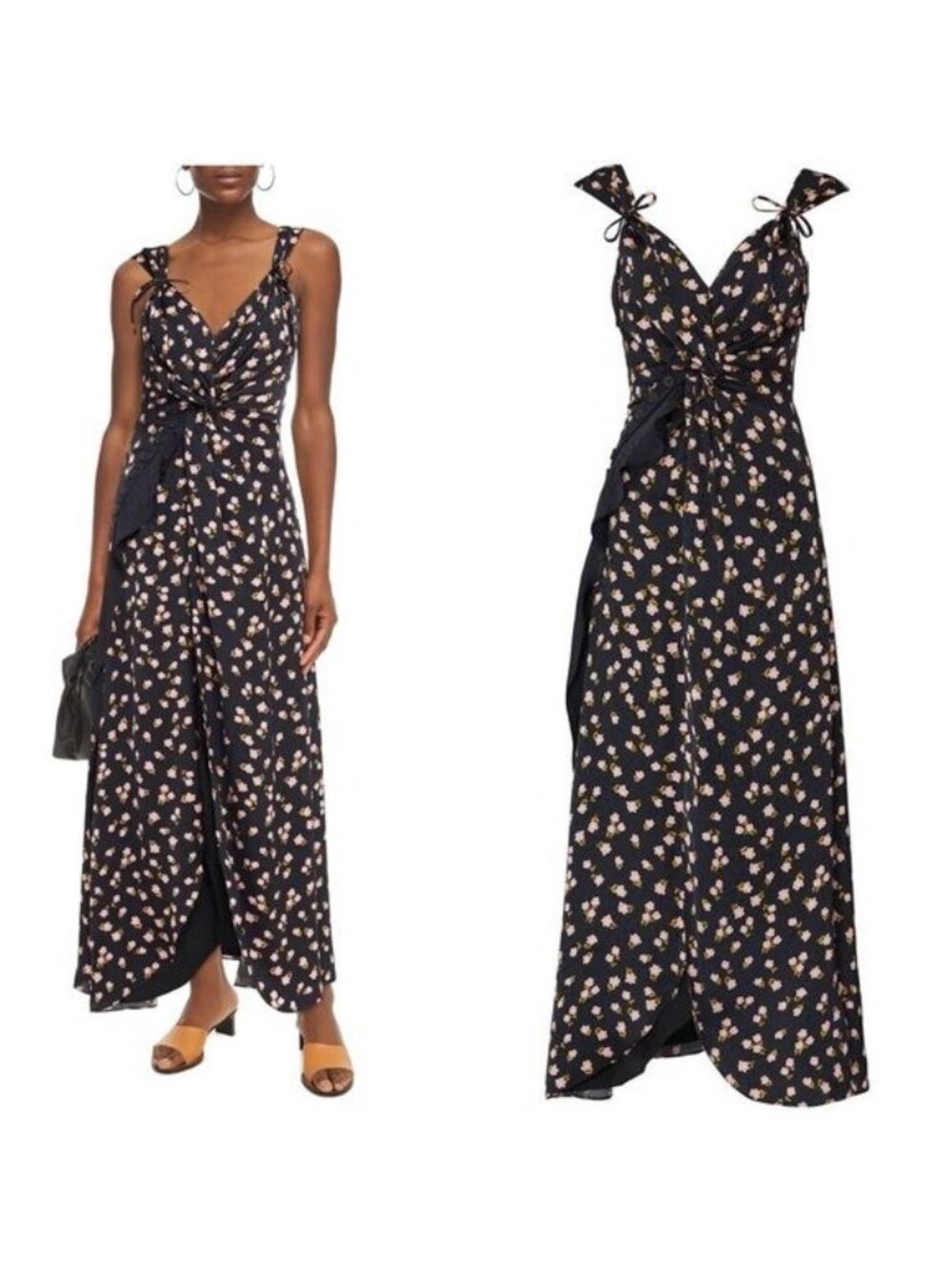 Self Portrait Twisted Ruffle Floral Jacquard Dress 10 Maxi Satin Twill Slit